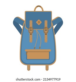 mochila de senderismo azul aislada sobre fondo blanco en estilo plano