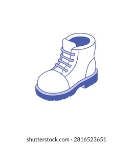Blue hiking boot icon for outdoor adventure. An isometric line art illustration of a sturdy boot in blue and white. It features a thick sole and detailed laces. Ideal for outdoor lifestyle blogs or mobile app interface design.