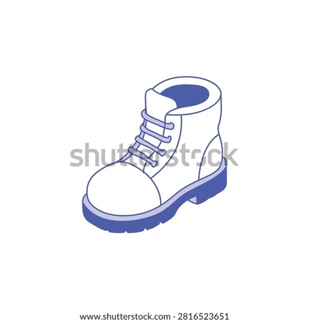 Blue hiking boot icon for outdoor adventure. An isometric line art illustration of a sturdy boot in blue and white. It features a thick sole and detailed laces. Ideal for outdoor lifestyle blogs or mobile app interface design.