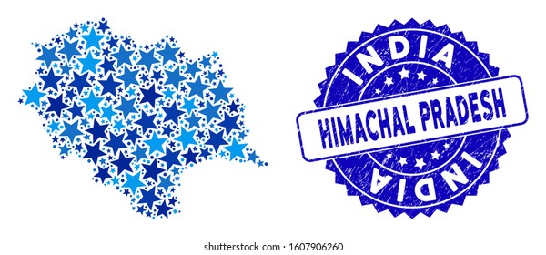 Blue Himachal Pradesh State map mosaic of stars, and scratched rounded stamp. Abstract geographic plan in blue color hues. Vector Himachal Pradesh State map is organized of blue stars.