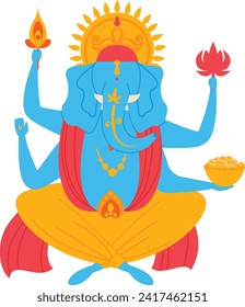 Blue Hindu god Ganesha with four arms, flame, lotus and sweets. Hindu deity for wisdom, prosperity. Spiritual Hinduism, religious festival vector illustration.