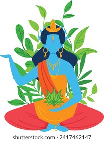 Blue Hindu goddess with four arms sitting in lotus pose. Hindu deity in traditional attire surrounded by leaves. Spirituality and religion vector illustration.