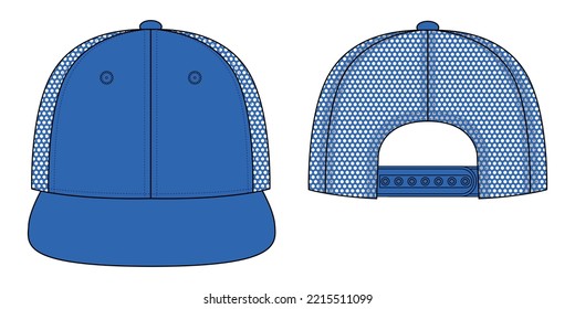 Blue Hip Hop Cap with Mesh Back and Snap Back Closure Template on White Background, Vector File.