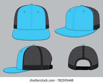 Blue hip hop cap with mesh black at side and back panels, adjustable snap back closure strap template on gray background, vector file.