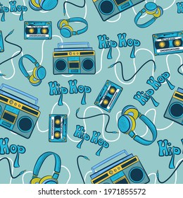 Blue hiphop seamless pattern with recorders, cassettes, headphones and cables. Repetitive background with hip hop underground culture elements. 1990 conceptual art repeat vector with dance and music 