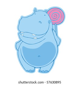 blue hippo with a candy. Vector illustration