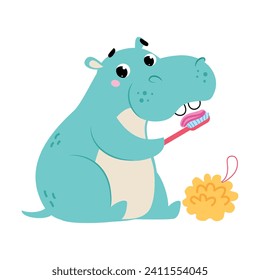 Blue Hippo Character Brushing Teeth with Toothbrush as Hygiene Vector Illustration