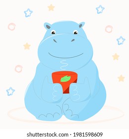 A blue hippo is drinking a hot drink from a red mug and smiling. Illustration on the theme of animals for children.