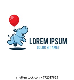 Blue hippo flying vector logo mascot. Hippo and red balloon.