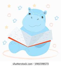 A blue hippo is reading a book with a red cover. Illustration for children on the theme of animals. Doodle style.