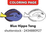 Blue Hippo Tang coloring page, Vector Illustration Isolated On White Background