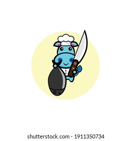 Blue hippopotamus chef character illustration design going to cook fish
