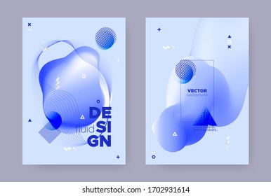 Blue Hipster Memphis Brochure. Vector Fluid Shape. Wave Cover. Trendy Geometric Magazine. Abstract Memphis Background. Vibrant Fluid Design. Graphic Liquid Cover. Hipster Memphis Gradient.