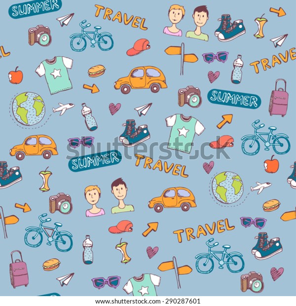 blue\
hipster travel vector hand drawn seamless\
pattern