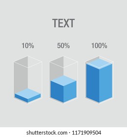 Blue histogram glass bars 5% 30% 100% number text. Flat design interface illustration inforchart infographic elements for app ui ux web banner button vector isolated on white background