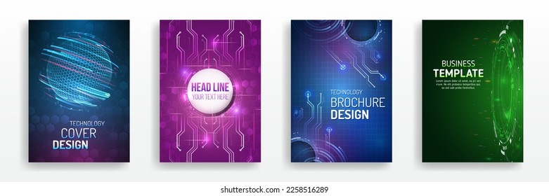 Blue hi-tech vector illustrations for business presentations. Futuristic business posters. Technology covers corporate documents. Layout template science designs. Brochure, flyer, book, annual report.