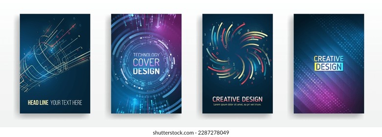 Blue hi-tech vector illustrations for business presentations. Futuristic business posters. Technology covers corporate documents. Layout template science designs. Brochure, flyer, book, annual report.