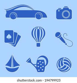 Blue hobby and leisure icons on blue background