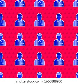 Blue Hockey judge, referee, arbiter icon isolated seamless pattern on red background.  Vector Illustration