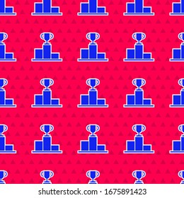 Blue Hockey over sports winner podium icon isolated seamless pattern on red background.  Vector Illustration