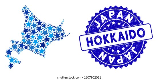 Blue Hokkaido Island map mosaic of stars, and grunge round stamp. Abstract territory plan in blue color tones. Vector Hokkaido Island map is composed of blue stars.