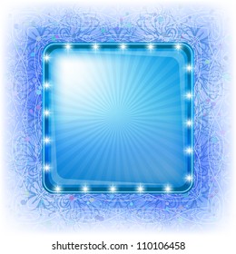 Blue holiday background, frame with rays and abstract pattern on backdrop, vector eps10, contains transparencies