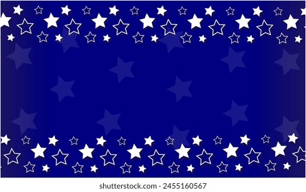 Fondo de vacaciones azul con Plantilla de diseño de estrellas. Los símbolos de la bandera americana astros sobre fondo azul vacío.