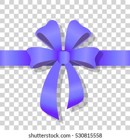 Blue holiday bow on transparent background. Holiday bow with ribbon on transparency. Gift knot of ribbon in flat style. Overwhelming bow decorative element. Vector cartoon illustration. Classical bow
