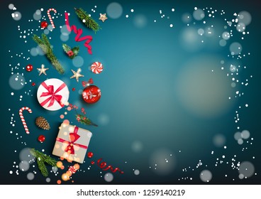 Blue holiday card with Christmas decorations and balls, stars, gift boxes, fir tree branches on fairy blue background. Christmas festive template.