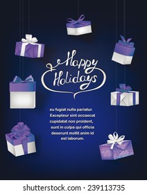 Blue holiday composition with hanging gift boxes