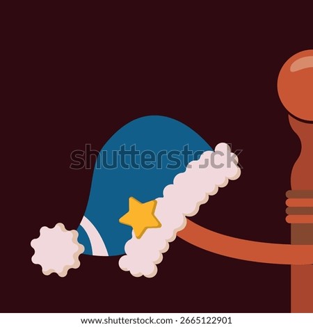 Blue holiday hat with fluffy trim and yellow star hanging on coat rack. Vector illustration.