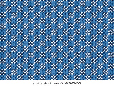 Blue holiday knit pattern. Christmas seamless print. Geometric traditional Xmas background. Knitted sweater texture. Wool pullover ornament. Festive crochet. Vector illustration