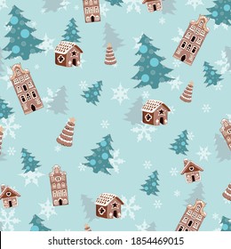 Blue holiday pattern background wit gingerbread houses and Christmas tree