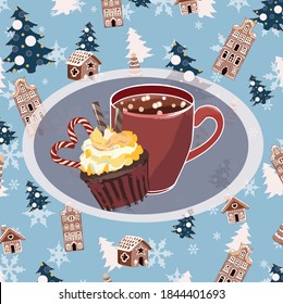 Tarjeta de patrón de vacaciones azules con capuchino y muffin de chocolate