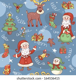 Blue holiday seamless pattern. Christmas background. Vector.