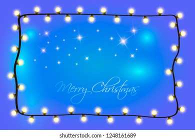Blue holiday vector design with frame. Christmas lights and festive garland. Happy New Year and Christmas