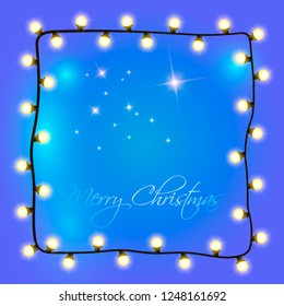 Blue holiday vector design with frame. Christmas lights and festive garland. Happy New Year and Christmas