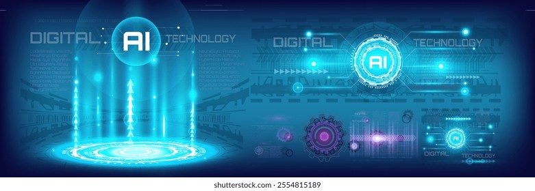 Blue hologram portal with glowing magic circle and sci-fi light effects. Futuristic teleport podium design featuring abstract hologram technology in a circular shape. 