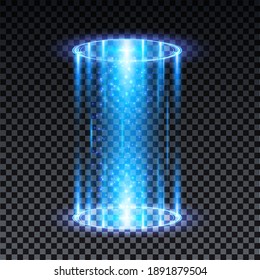 Blue hologram portal. Magic fantasy portal. Magic circle teleport podium with hologram effect. Vector blue glow rays with sparks on transparent background