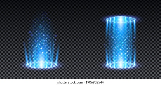 Blue Hologram Portal. Magic Fantasy Portal. Magic Circle Teleport Podium With Hologram Effect. Vector Blue Glow Rays With Sparks On Transparent Background