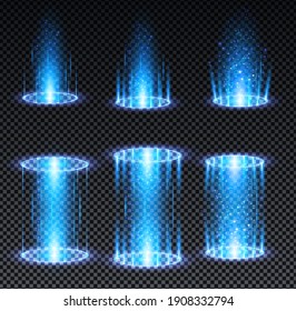 Blue hologram portal. Magic fantasy portal. Magic circle teleport podium with hologram effect. Vector blue glow rays with sparks on transparent background
