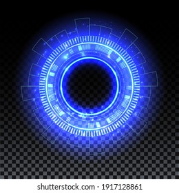 Blue hologram portal. Magic fantasy portal. Magic circle with halo effect. Vector blue glow scifi teleport with sparks and hologram, technology background