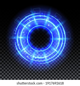 Blue hologram portal. Magic fantasy portal. Magic circle with halo effect. Vector blue glow scifi teleport with sparks and hologram, technology background