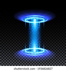 Blue hologram portal. Magic fantasy portal. Magic circle teleport podium with hologram effect. Vector blue glow rays with sparks on transparent background.