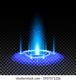 Blue hologram portal. Magic fantasy portal. Magic circle teleport podium with hologram effect. Vector blue glow rays with sparks on transparent background.