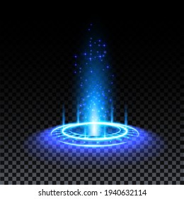 Blue hologram portal. Magic fantasy portal. Magic circle teleport podium with hologram effect. Vector blue glow rays with sparks on transparent background.