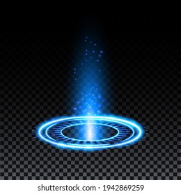 Blue hologram portal. Magic fantasy portal. Magic circle teleport podium with hologram effect. Vector blue glow rays with sparks on transparent background.