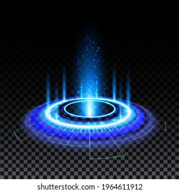 Blue hologram portal. Magic fantasy portal. Magic circle teleport podium with hologram effect. Vector blue glow rays with sparks on transparent background