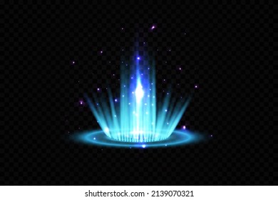 Blue hologram portal. Magic fantasy portal. Magic circle teleport podium with hologram effect. Vector blue glow rays with sparks on transparent background
