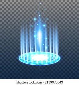 Blue hologram portal. Magic fantasy portal. Magic circle teleport podium with hologram effect. Vector blue glow rays with sparks on transparent background
